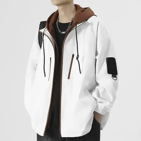 男士假两件飞行员夹克男春秋百搭连帽外套高级感2023新款休闲上衣商品大图