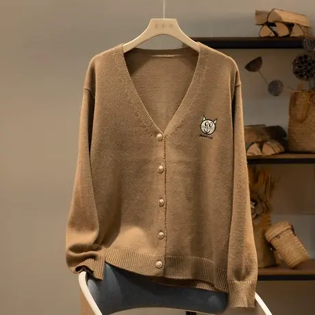 享永子【俏皮小猫】安迪绒纯色单排扣开衫休闲百搭V领毛衣外套图片