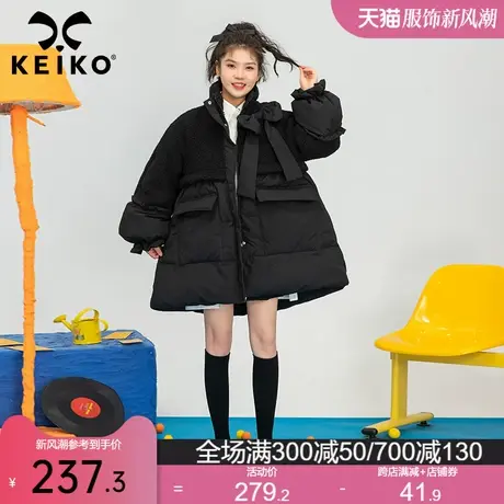 甜酷风蝴蝶结饰黑色棉衣棉服女2023冬季韩系羊羔毛拼接外套棉袄商品大图