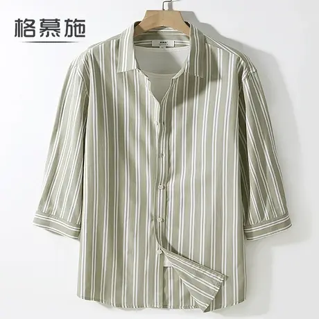 格慕施条纹五分袖衬衫男休闲潮牌痞帅中袖大码宽松百搭七分袖衬衣商品大图