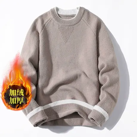 圆领毛衣男秋冬季打底衫2023新款加绒加厚针织衫纯色内搭保暖线衣商品大图