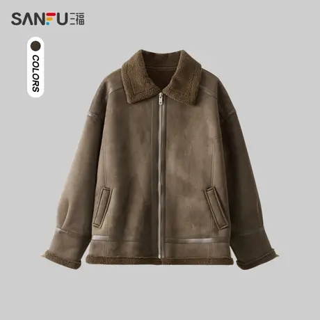 三福2023冬季男士皮毛一体老钱风夹克 机能翻领外套男479613图片