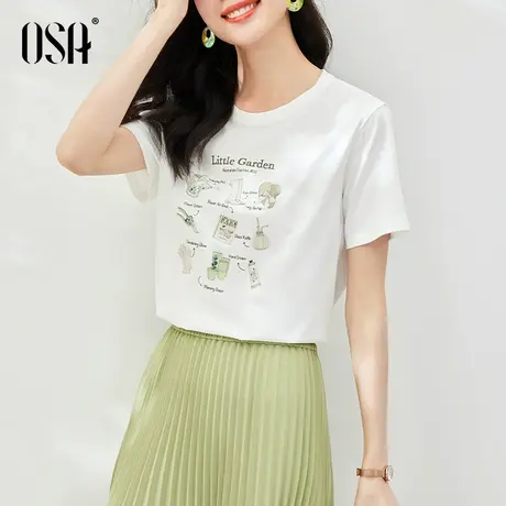 OSA欧莎白色凉感印花短袖t恤女夏季2023年新款正肩显瘦上衣薄体恤图片