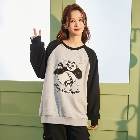 [功夫熊猫联名]唐狮加绒女装卫衣冬季新圆领拼接小个子内搭衣服图片