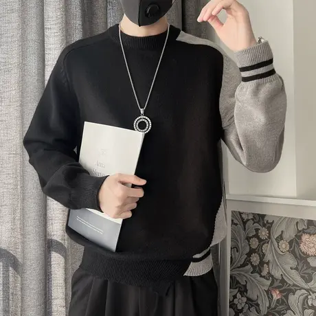设计感不规则拼接毛衣男冬季2023新款ins个性加厚拼色针织打底衫商品大图