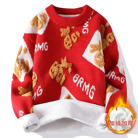 本命年提花福字大红色毛衣男女同款2024过新年加绒加厚圆领针织衫商品大图