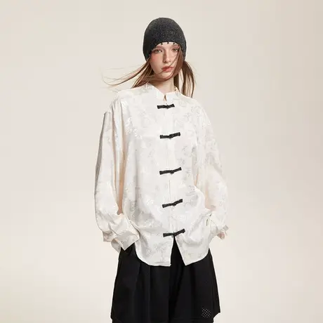 新中式国潮立领白衬衫女2024春装新款宽松国风提花衬衣中国风上衣图片