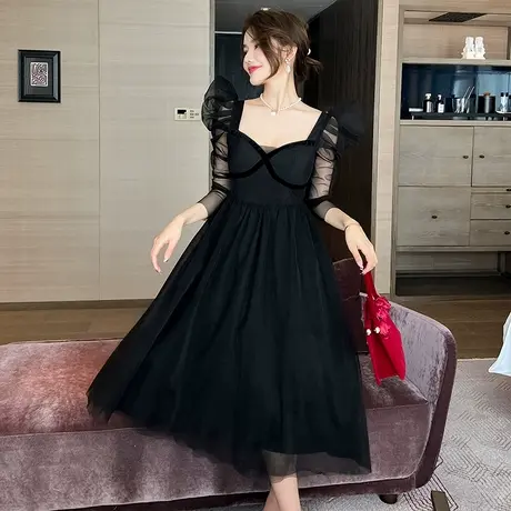 宴会小礼服平时可穿女秋冬黑色网纱设计感小众修身性感A字连衣裙商品大图