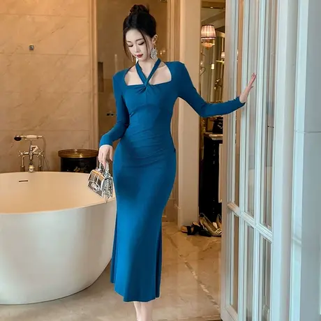 挂脖方领显身材长袖连衣裙女春季鱼骨收腰轻熟风气质显瘦鱼尾长裙商品大图
