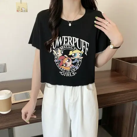 [飞天小女警联名]唐狮动漫印花短袖T恤女宽松夏季短款上衣潮图片