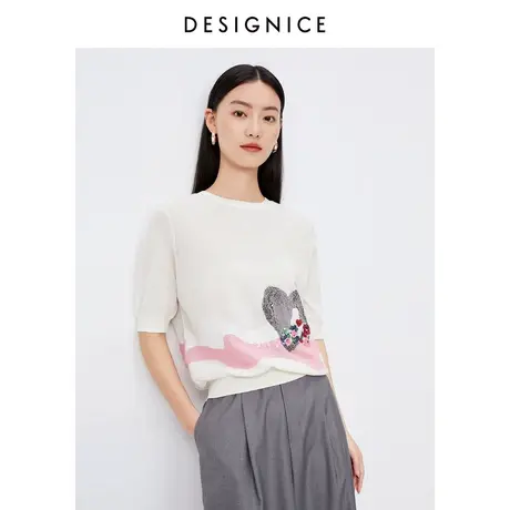 迪赛尼斯夏新款圆领复古通勤凉感针织提花通勤休闲短袖女商品大图