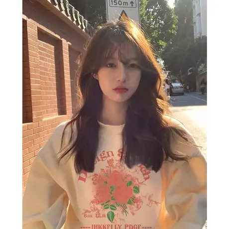 落肩圆领卫衣女奶甜艺术生薄款早秋宽松高级感超好看oversize上衣商品大图