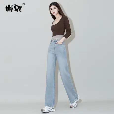 浅蓝牛仔弹力高腰直筒裤2024年春季新款刺绣拖地裤修身显瘦阔腿裤图片