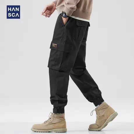 hansca黑色休闲裤男秋冬款加绒青少年宽松束脚潮牌大口袋工装裤子商品大图