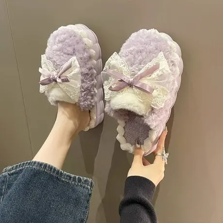 蝴蝶结棉拖鞋女冬季包头时尚可爱踩屎感厚底防滑奶呼呼毛绒拖鞋女商品大图
