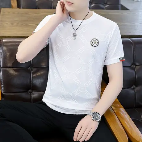 短袖T恤男士2024新款冰丝半袖体恤休闲百搭透气烫钻小衫潮牌男装商品大图