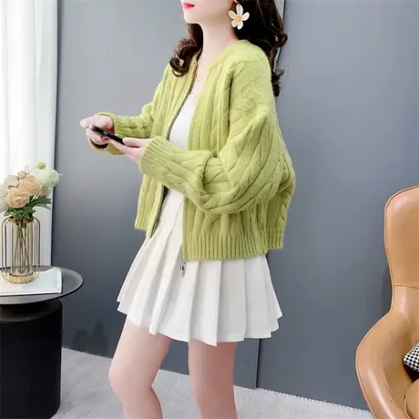 设计感短款双拉链麻花毛衣开衫女春季2024新款宽松小个子针织外套商品大图