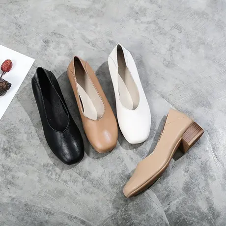 素飞2023春款单鞋女文艺复古百搭粗跟软底牛皮浅口休闲森女范女鞋商品大图