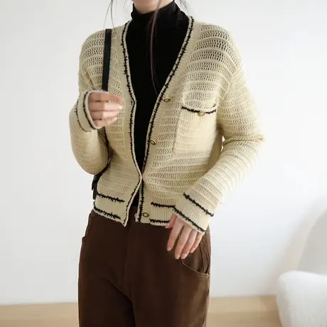 2023春秋新款针织开衫外套女镂空上衣女宽松韩系慵懒风图片