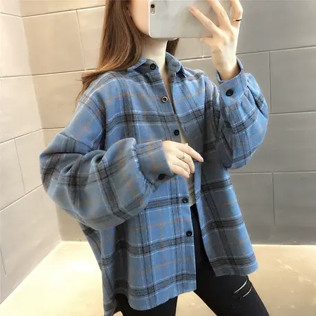 2023秋装新款韩版磨毛格子衬衫女复古港味宽松bf风衬衣上衣外套潮商品大图