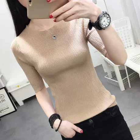 春装2023年新款女上衣针织衫打底外穿修身洋气百搭半袖毛衣女内搭图片