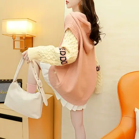宽松假两件连帽毛衣女2023新款秋冬时尚洋气韩系慵懒风设计感上衣图片