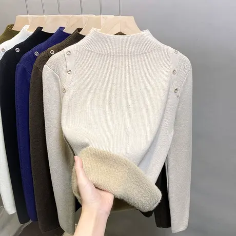 加绒半高领毛衣女一体绒加厚打底衫2023秋冬镂空针织衫内搭上衣潮图片