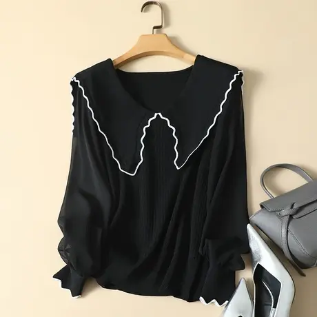 秋装2023年新款雪纺袖冰丝针织衫女长袖宽松上衣洋气蕾丝打底衫女商品大图