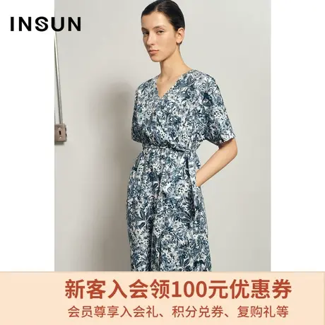 恩裳夏季时尚复古气质蓝色碎花V领设计感短袖收腰连衣裙商品大图