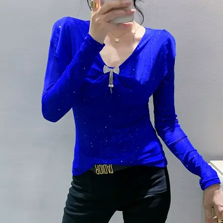 欧货性感网纱T恤女长袖2023秋季新款洋气荷叶边上衣内搭打底衫潮商品大图