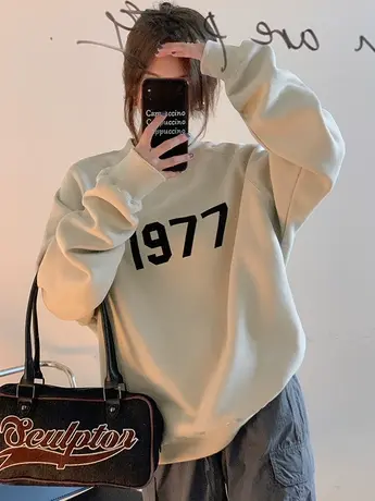 卫衣女秋冬2023宽松美式复古慵懒风宽松中长款加绒加厚圆领上衣潮商品大图