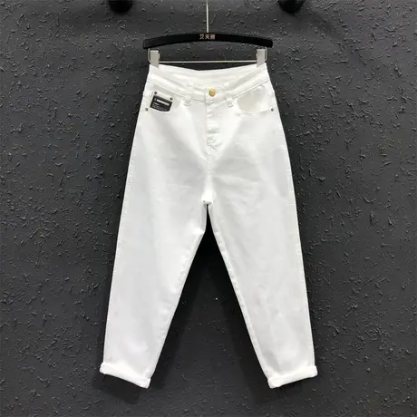 欧货2023夏季新款白色休闲宽松百搭牛仔哈伦裤女士贴标小脚萝卜裤商品大图