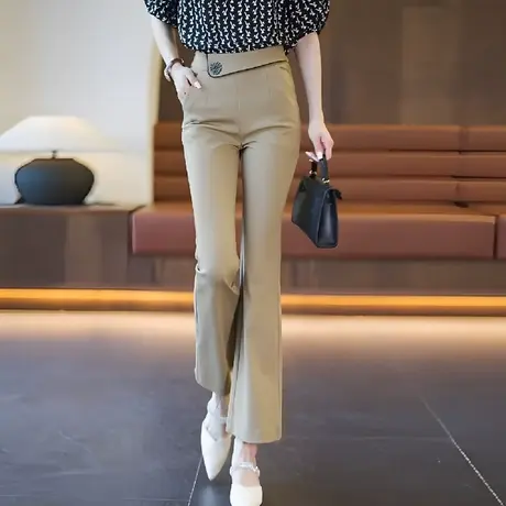 卡其色九分微喇叭裤女夏季高腰垂感小个子梨形身材百搭显瘦马蹄裤图片