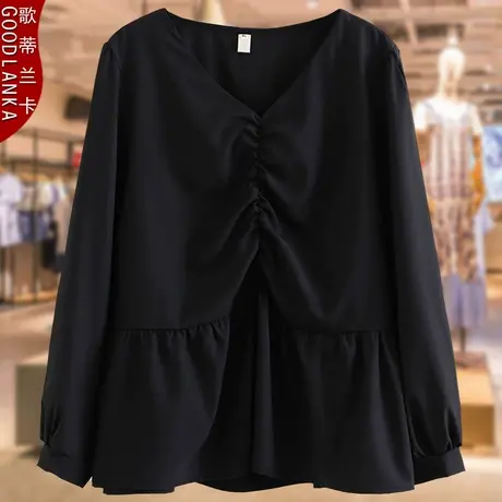 黑色V领抽皱长袖上衣洋气时尚妈妈春秋款加肥加大码女装纯色小衫图片