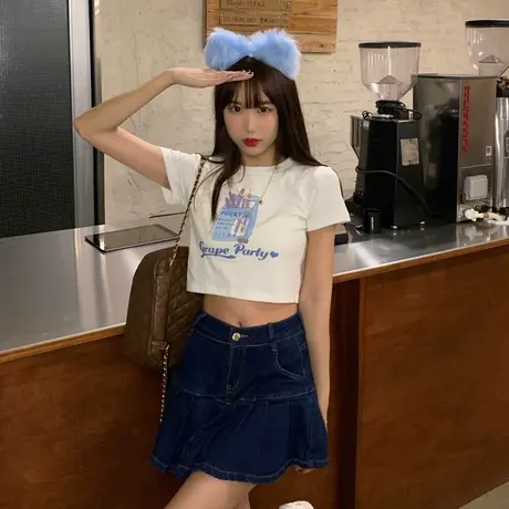 辣妹紧身短袖t恤女夏季小个子日系减龄穿搭高腰短款上衣配半身裙商品大图