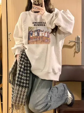 美式复古oversize卫衣女2023春秋薄款宽松慵懒风小个子高级感外套商品大图