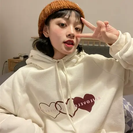 红续爱心印花加绒加厚白色连帽卫衣女日系ins小个子外套秋冬新款图片