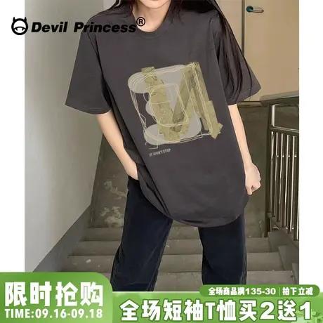 2023夏季新款古着感深灰色短袖t恤女宽松正肩小众设计感半袖上衣图片