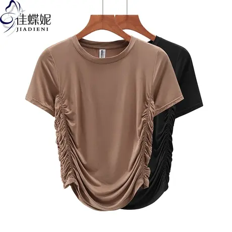 夏季新款韩版圆领褶皱短款纯欲修身纯棉纯色短袖体恤上衣内搭女装商品大图