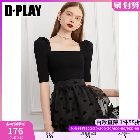 DPLAY秋装季新品优雅赫本风黑色方领泡泡羊腿中袖短款针织衫商品大图