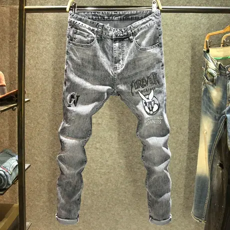 黑灰色高端烫钻修身小脚裤高街ins潮牌刺绣夏季牛仔裤男款欧洲站图片