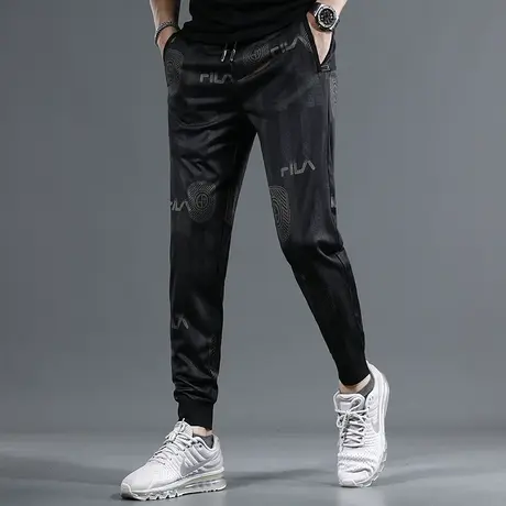 高端冰丝休闲裤男2023新款夏季黑色修身束脚男士弹力印花薄款长裤商品大图