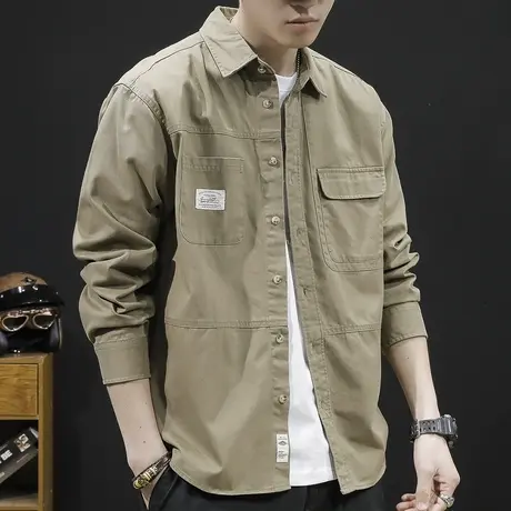 秋季2023新款衬衣外套男士休闲潮牌长袖休闲衬衫男日系复古春秋款图片