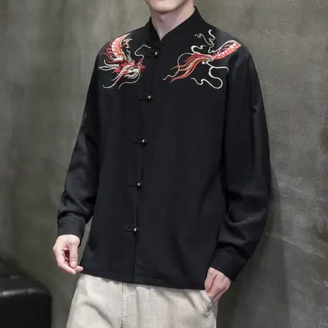 中国风亚麻长袖衬衫男秋季新款盘扣透气古装潮牌龙纹刺绣衬衣秋装商品大图
