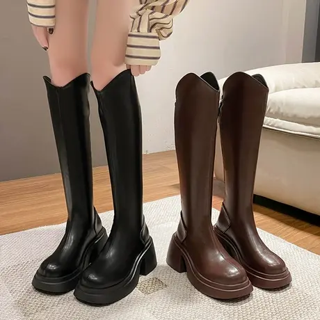粗跟厚底长靴子女v口高筒骑士靴2023年新款秋季小个子显瘦长筒靴商品大图
