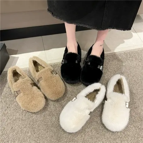 网红毛毛鞋女鞋子外穿2024新款秋冬季一脚蹬加绒保暖棉鞋豆豆单鞋商品大图