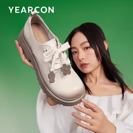 意尔康英伦风真皮小皮鞋女2024新款春花朵系带深口单鞋厚底乐福鞋图片