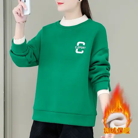半高领加绒加厚卫衣女秋冬2022年新款时尚假两件抓绒上衣短款外套商品大图
