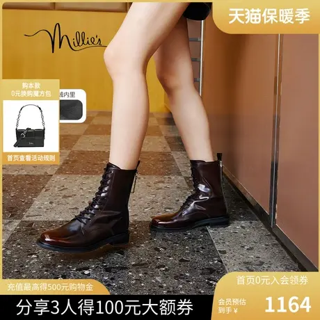 millies妙丽女鞋2023冬新款老钱风靴子女加绒复古马丁靴SGJ43DZ3图片