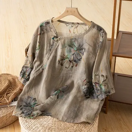 享永子七分袖碎花苎麻小衫女文艺复古宽松百搭气质棉麻上衣2023夏商品大图